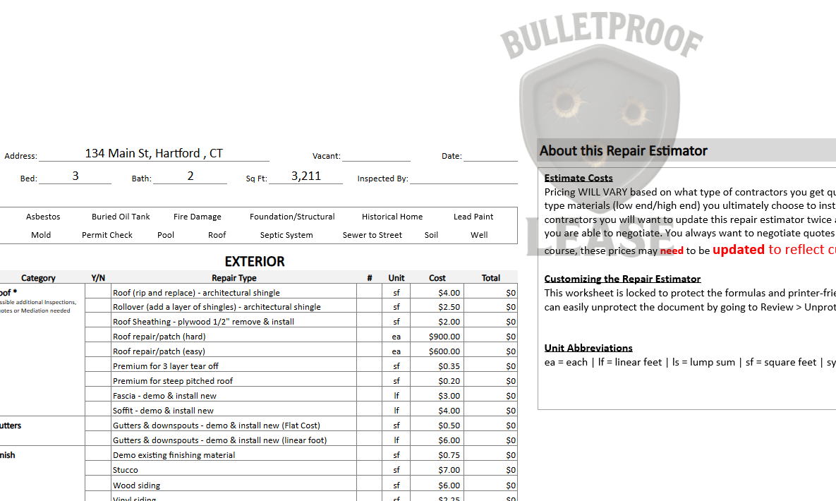 Rehab and Repair Cost Spreadsheet